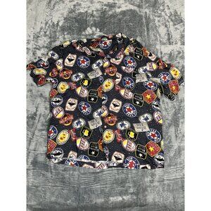 Mens George Beer Label Print Button-Up Shirt XL Cotton Short Sleeve